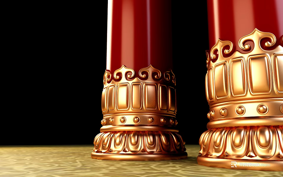 Red Columns With Golden Decorations And Intricate Base Patterns On Black Background And Golden Floor 3d model 