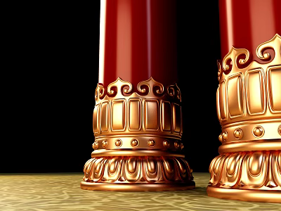 Red Columns With Golden Decorations And Intricate Base Patterns On Black Background And Golden Floor 3d model