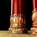 Red Columns With Golden Decorations And Intricate Base Patterns On Black Background And Golden Floor