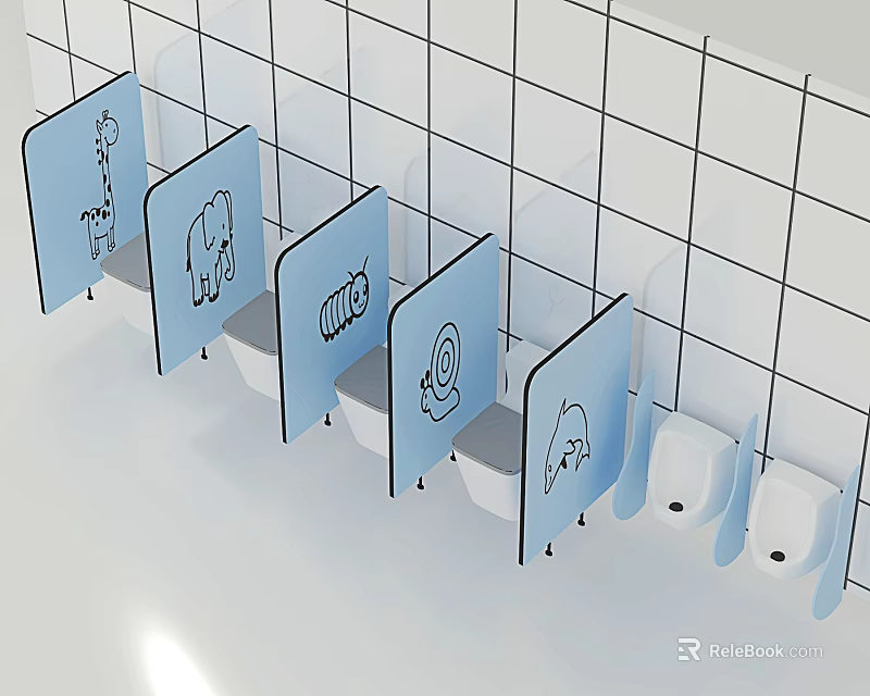 School Bathroom Stalls With Blue Partitions Featuring Cartoon Designs On Tile Walls 3d model 