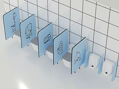 School Bathroom Stalls With Blue Partitions Featuring Cartoon Designs On Tile Walls 3d model