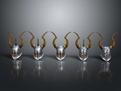 Five Silver Helmets With Golden Horns Arranged On Black Background With Reflections 3d model