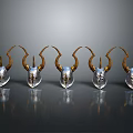 Five Silver Helmets With Golden Horns Arranged On Black Background With Reflections