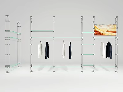 Modern Glass Shelves With Metal Frame And Hanging Clothes 3d model