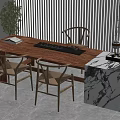 Modern Tea Room Setup With Wooden Chairs Marble Tabletop Tea Set And Potted Plants