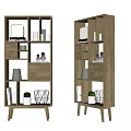 Two Wooden Shelving Units with Drawers Shelves and Decorative Clock Vase Books Potted Plant