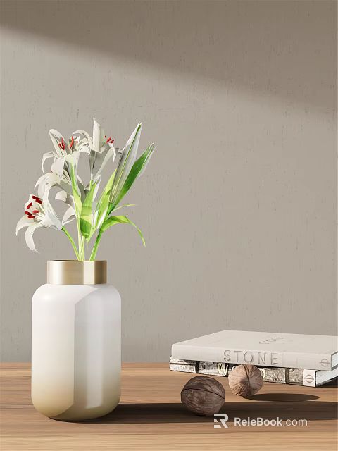 White Vase With Gold Rim Holding White Lilies Red Stamens And Green Leaves 3d model 