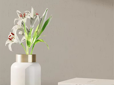White Vase With Gold Rim Holding White Lilies Red Stamens And Green Leaves 3d model
