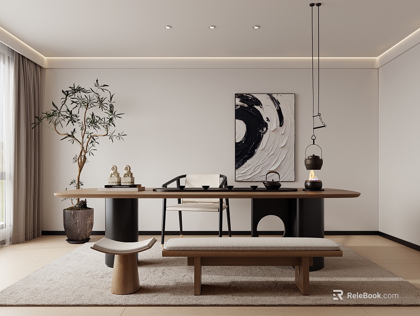 Minimalist Tea Room Interior With Wooden Tea Table Plant And Decorative Painting 3d model 