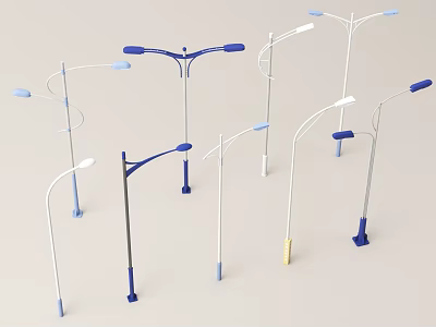 Outdoor Street Lights In Different Styles With Curved Poles And Blue White Yellow Accents 3d model