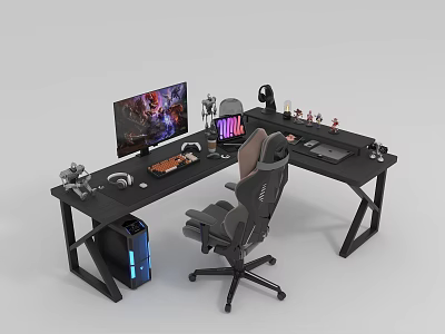 Black Gaming Desk and Chair Set with Monitor Keyboard Mouse Headphones and PC Case 3d model