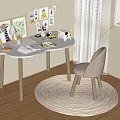 White Kids Desk with Chair Stationery Artwork and Round Rug on Wooden Floor