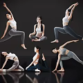 Women Performing Various Yoga Poses In Sportswear Against Dark Reflective Background
