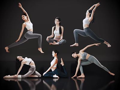 Women Performing Various Yoga Poses In Sportswear Against Dark Reflective Background 3d model