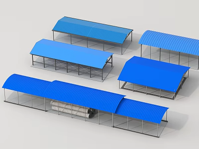 Metal Roof Components Featuring Blue Canopies Steel Frames and Multiple Structures 3d model