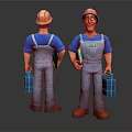 Cartoon Worker Characters in Yellow Hard Hats Blue Shirts and Gray Overalls Holding Blue Toolboxes