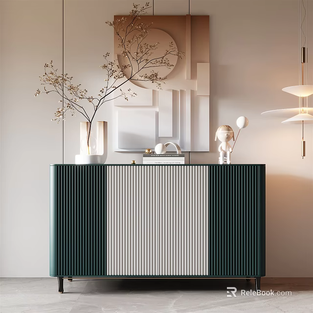 Elegant Modern Entryway Cabinet Sideboard With Striped Design Decorative Vase Artwork And Lighting 3d model 