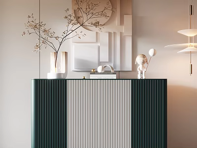 Elegant Modern Entryway Cabinet Sideboard With Striped Design Decorative Vase Artwork And Lighting 3d model