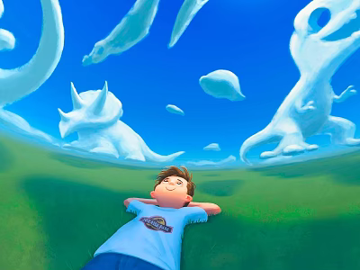 Relaxed Boy Lying on Green Grass With Dinosaur Shaped Clouds in Blue Sky 3d model