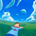 Relaxed Boy Lying on Green Grass With Dinosaur Shaped Clouds in Blue Sky