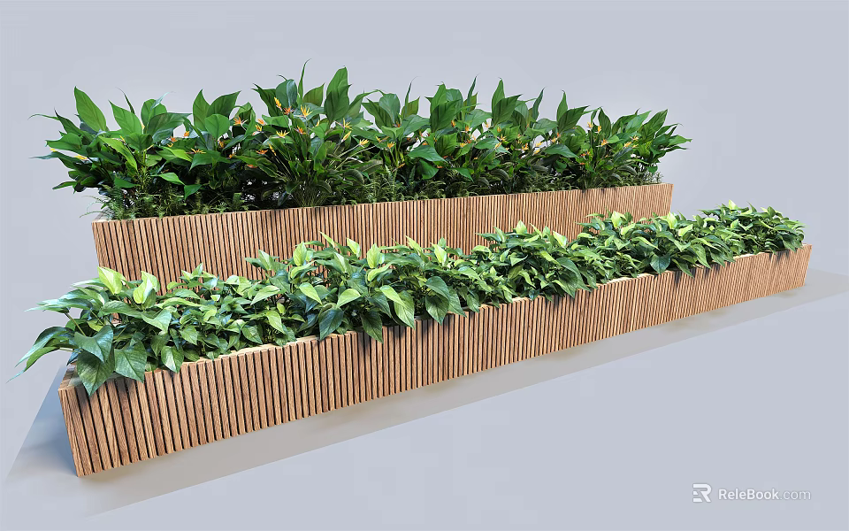 Bonsai Potted Plants Arranged in Wooden Striped Planters with Lush Green Foliage 3d model 