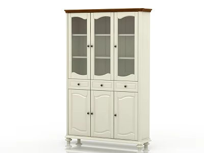 Classic White Bookcase With Wooden Top Glass Doors Drawers And Cabinet Doors 3d model