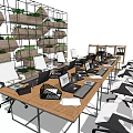 Modern Office Conference Table with Laptops Office Chairs and Green Plant Wall