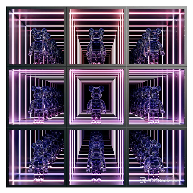 Modern Commercial Display Equipment with Grid Cases and Neon Lighting for Bear Shaped Dolls 3d model 