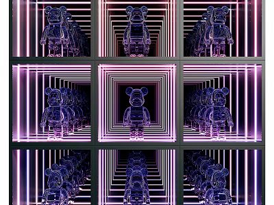 Modern Commercial Display Equipment with Grid Cases and Neon Lighting for Bear Shaped Dolls 3d model
