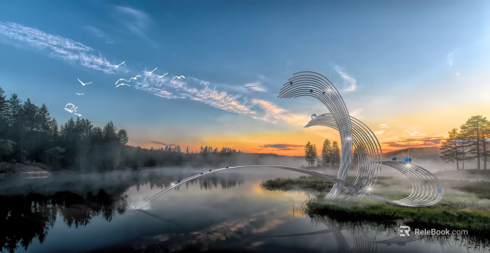 Metal Bird Shaped Sculpture by the Lake with Sunset Mist Trees and Flying Birds 3d model 