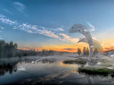 Metal Bird Shaped Sculpture by the Lake with Sunset Mist Trees and Flying Birds 3d model