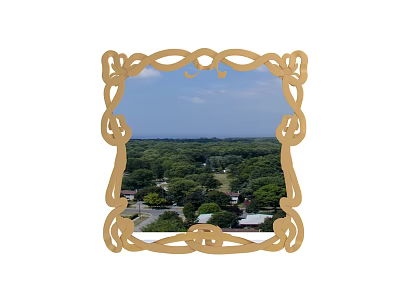 Ornate Golden Framed Mirror Reflecting Green Forest Blue Sky and Houses 3d model