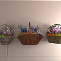 Three Wall Hanging Baskets Filled With Fresh Assorted Fruits And Vibrant Flowers