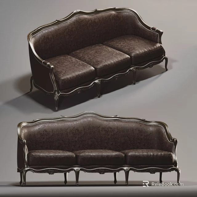 Classic Three Seater Sofa With Dark Brown Leather Upholstery And Silver Metal Trim 3d model 