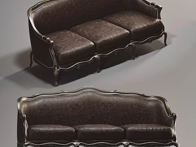 Classic Three Seater Sofa With Dark Brown Leather Upholstery And Silver Metal Trim 3d model