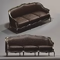 Classic Three Seater Sofa With Dark Brown Leather Upholstery And Silver Metal Trim
