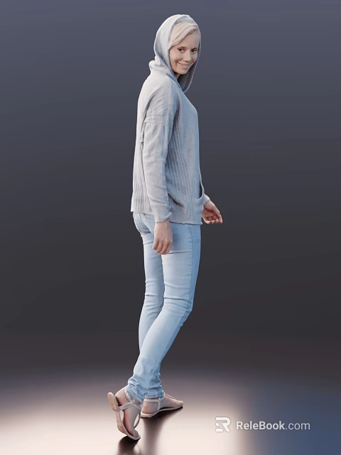 Stylish Woman In Gray Sweater And Light Blue Jeans Standing On Dark Background 3d model 