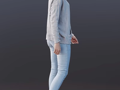 Stylish Woman In Gray Sweater And Light Blue Jeans Standing On Dark Background 3d model