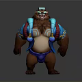 Fierce Bear Like 3D Character With Blue Decorative Outfit Ornate Tattoos And Muscular Build