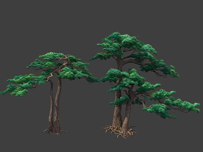 Lush Evergreen Trees With Dense Green Foliage Strong Trunk And Visible Roots 3d model