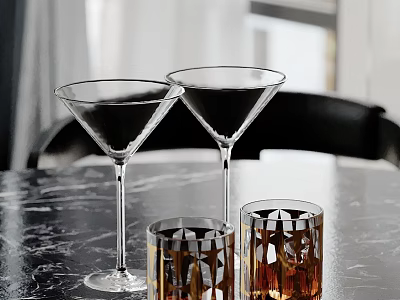 Elegant Decorative Ornament Set With Glass Martini Glasses And Patterned Tumblers On Marble Table 3d model