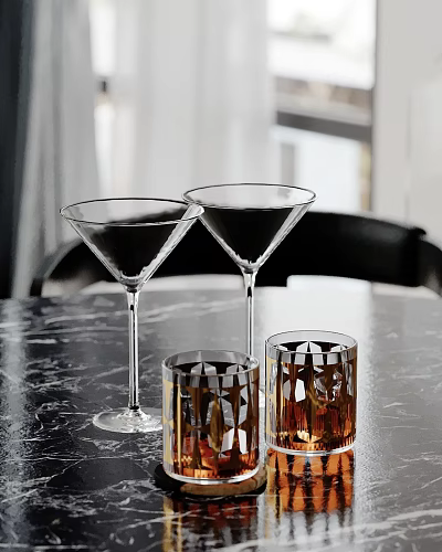 Elegant Decorative Ornament Set With Glass Martini Glasses And Patterned Tumblers On Marble Table 3d model