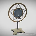 Vintage Microphone With Circular Wooden Frame And Metal Stand Base Design