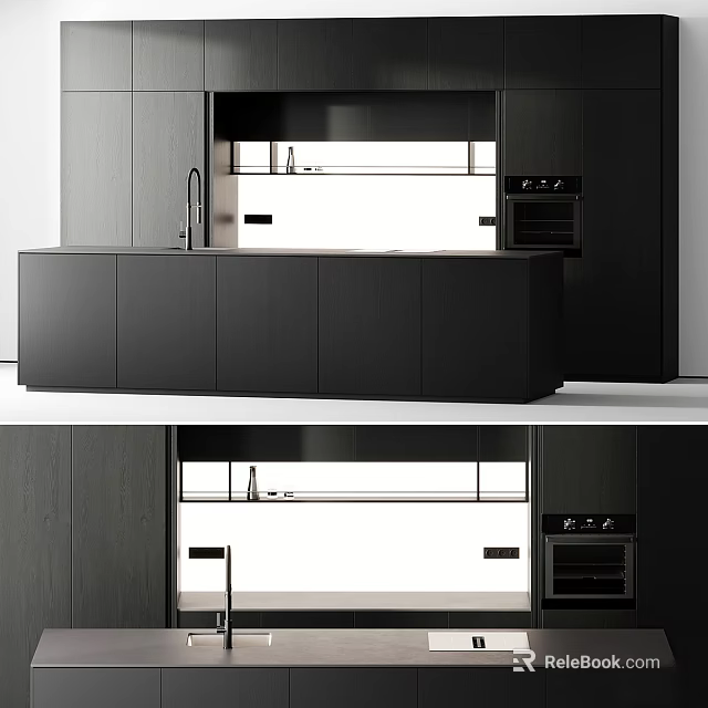 Modern Kitchen Interior Design With Dark Matte Cabinets Island Countertop And Appliances 3d model 