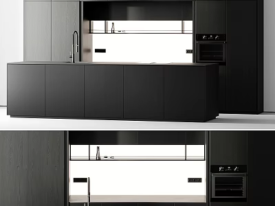 Modern Kitchen Interior Design With Dark Matte Cabinets Island Countertop And Appliances 3d model