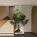 Modern Storefront Reception Counter With Marble Top Hanging Pendant Lights And Orange Sculpture
