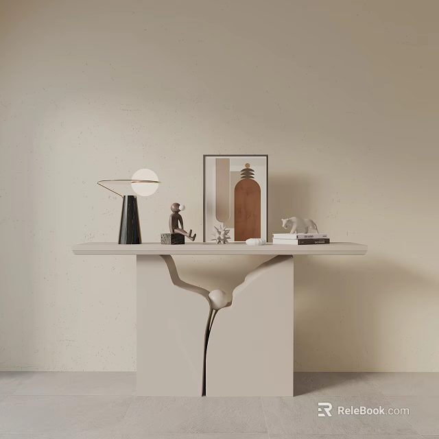 Modern White Console Table with Black Table Lamp Statue Bottle Books on Light Background 3d model 