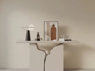 Modern White Console Table with Black Table Lamp Statue Bottle Books on Light Background 3d model