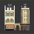 Two Traditional Residential Buildings With Blue Roofs Multiple Windows And Orange Awning Storefronts