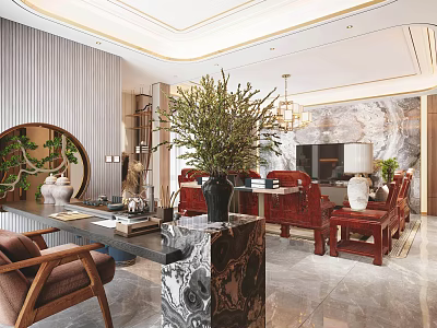 Modern Living Room With Red Sofa Marble Coffee Table Chandelier Greenery And Round Decorative Mirror 3d model